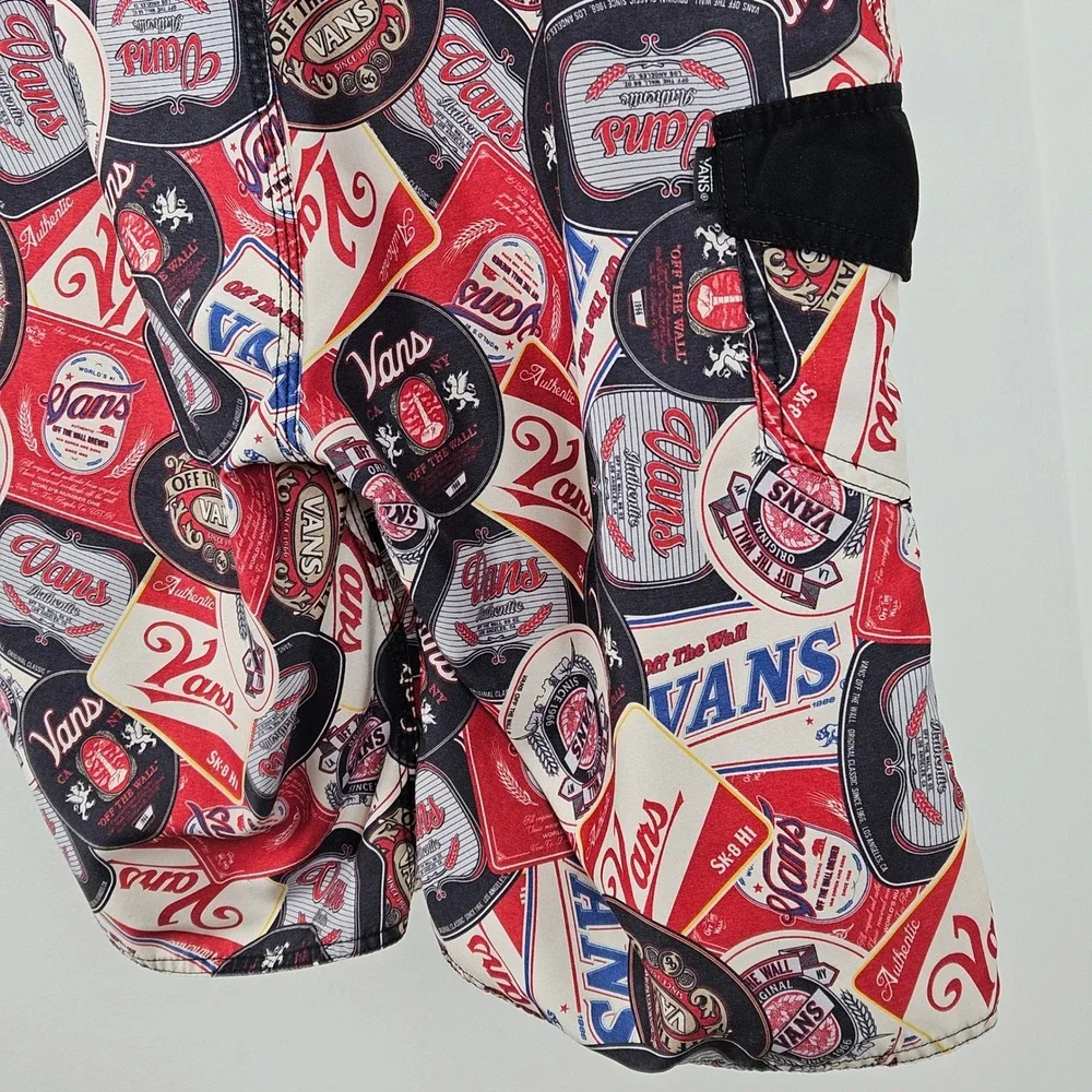Vans Retro Beer Label Board Shorts Mens 30 (32) All Over Print Swim Trunks